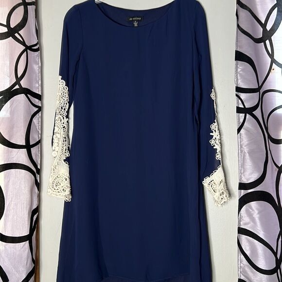 Jodi Kristopher dark blue shift dress with semi sheer lace sleeves size small - Picture 9 of 14